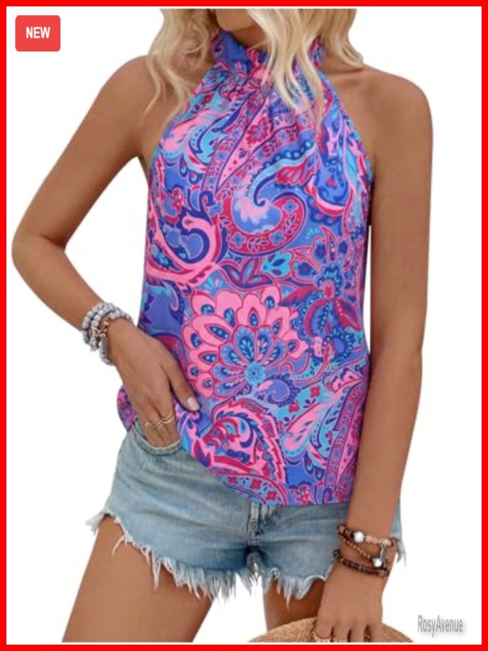 PRETTYGARDEN Halter Tank Top Sleeveless Blouse Paisley Summer Casual